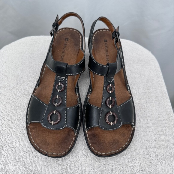 Naturalizer Gisela Leather Sandals 9.5M Black Adjustable Buckle Strap Wedge Heel - Picture 3 of 8